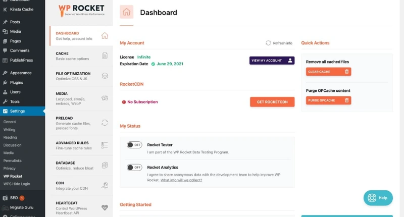 Digi Segment WP Rocket dashboard showing caching, file optimization and performance settings used to speed up a WordPress Website efficiently.