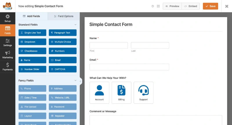 Digi Segment WPForms builder showing drag-and-drop fields for creating a simple contact form on a WordPress Website for better user engagement.