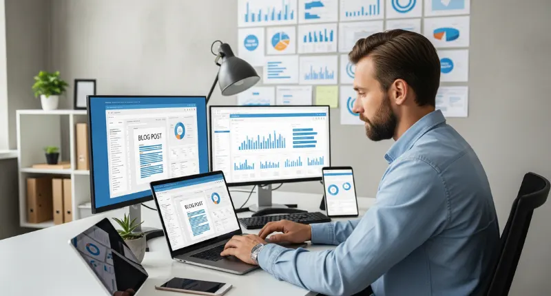 Professional analyzing blog content and marketing data—what is blogging in digital marketing by Digi Segment.