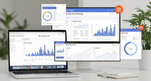 Multiple screens showing keyword research free tools like Google Keyword Planner and Ubersuggest by Digi Segment.