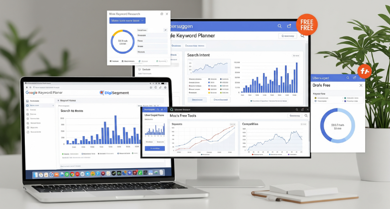 Multiple screens showing keyword research free tools like Google Keyword Planner and Ubersuggest by Digi Segment.