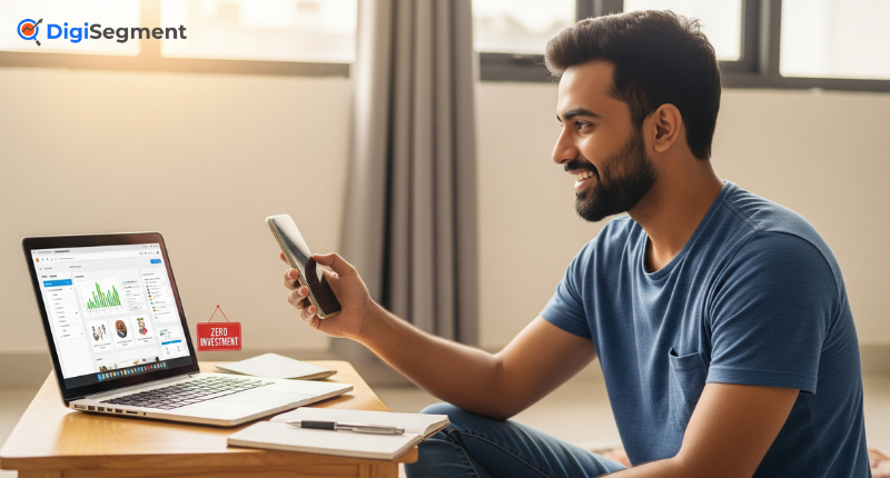 Young man learning how to start digital marketing at home using a laptop and smartphone, zero investment | Digi Segment