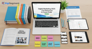 Digital Marketing PDF resources guide by Digi Segment with books, laptop, and course materials for students and businesses.