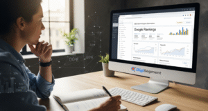 Professional analyzing SEO Basics reports on Google rankings with Digi Segment dashboard to improve search visibility.