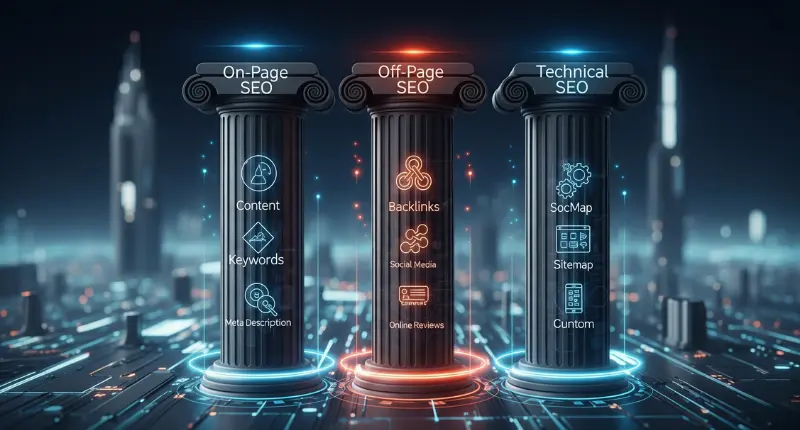 Visual of three SEO Basics pillars—On-Page, Off-Page, and Technical SEO—showing key elements, by Digi Segment.