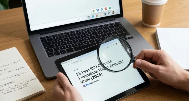 SEO Chrome Extensions dashboard showing keyword research, on-page SEO, backlink tools used by Digi Segment in 2025