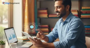 A business owner using AI Chatbots for Small Business on a tablet to improve customer support and growth at Digi Segment