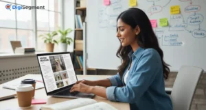 A marketing professional creating an effective advertising copy strategy on a laptop at Digi Segment office workspace.