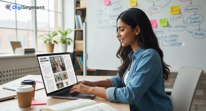 A marketing professional creating an effective advertising copy strategy on a laptop at Digi Segment office workspace.