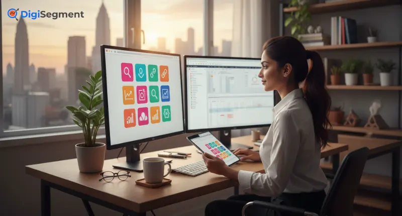 Professional marketer using multiple monitors to analyze tools for the Best SEO Chrome Extensions by Digi Segment.