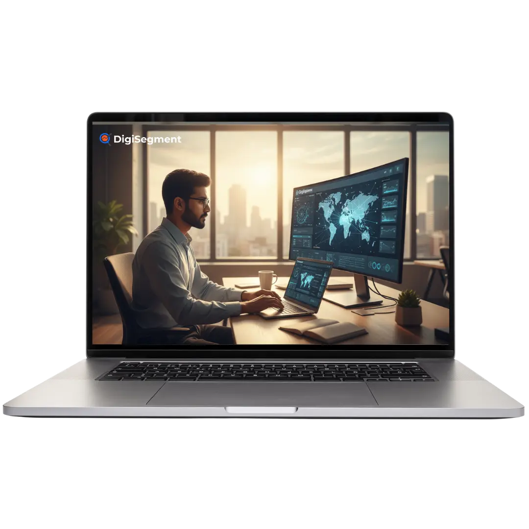 Professional digital marketing expert analyzing global data dashboards on laptop for Digi Segment’s homepage.