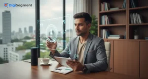 A digital marketing expert using AI voice assistant and tablet to enhance Voice Search SEO strategy at Digi Segment office.
