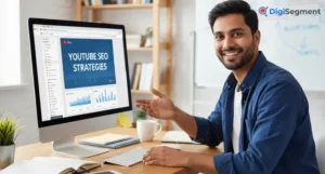 Professional marketer explaining YouTube SEO tips and strategies on computer screen for Digi Segment digital marketing blog.