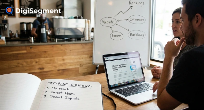 Off Page SEO strategy meeting showing backlinks, outreach planning, and ranking growth techniques by Digi Segment