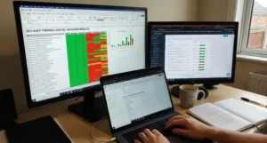 SEO audit case study showing multi-screen workspace with audit spreadsheets, analytics dashboards, and notes by Digi Segment.