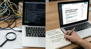Technical SEO vs On Page SEO comparison showing code optimization, content strategy, and ranking factors by Digi Segment
