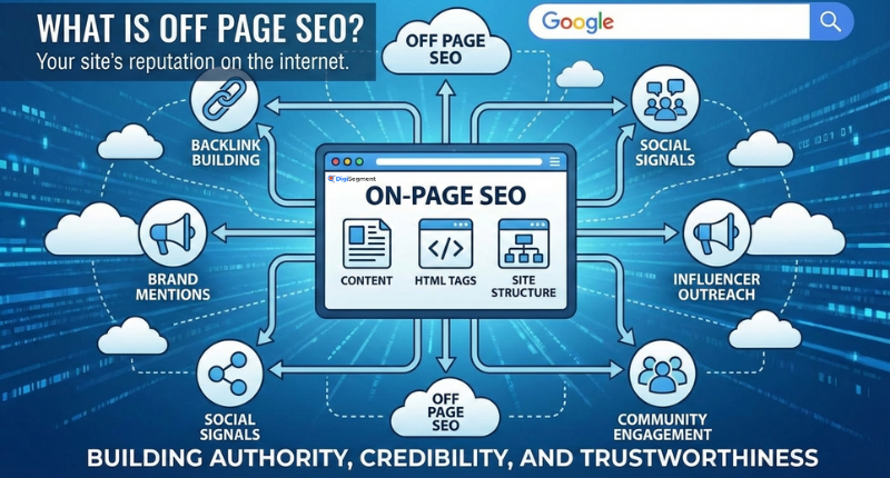 Off Page SEO graphic showing backlinks, social signals, outreach and brand mentions driving rankings – Digi Segment