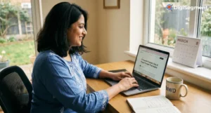 Professional woman creating a women's day AI image prompt on laptop at home office, inspiring Women’s Day creativity.