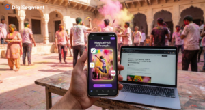 Digi Segment holi ai photo prompt example on smartphone with colorful Holi celebration and laptop editing setup