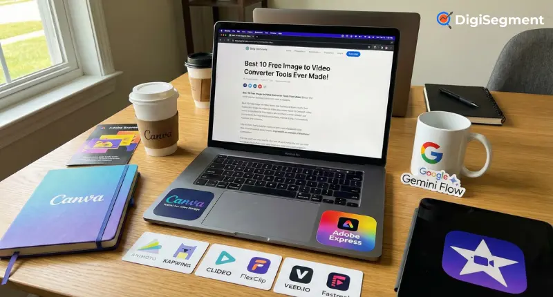 Free Image to Video Converter tools displayed on laptop screen with Canva, Adobe Express and Gemini Flow branding by Digi Segment