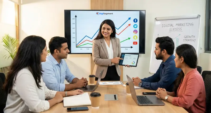Team reviewing growth charts in meeting, showing emergence of digital marketing as a tool for business success by Digi Segment