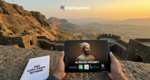 Shivaji Maharaj AI Image Prompt displayed on tablet at fort landscape with Digi Segment branding for realistic AI art creation