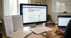 Workspace showing blog article on screen with analytics explaining What Is Digital Marketing strategies Digi Segment