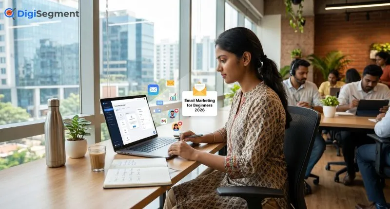Email Marketing for Beginners in India Easy Guide 2026 by Digi Segment showing professional managing campaigns on laptop