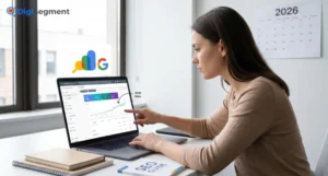 Google Search Console dashboard analysis on laptop showing growth data for beginners guide 2026 by Digi Segment