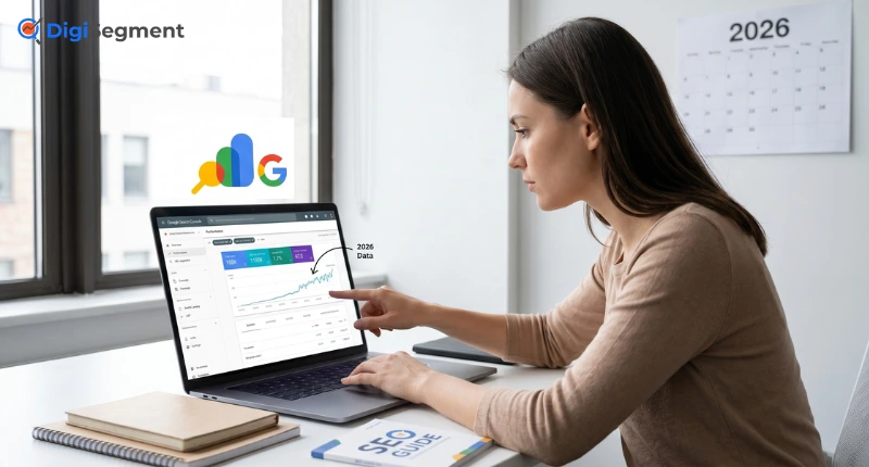 Google Search Console dashboard analysis on laptop showing growth data for beginners guide 2026 by Digi Segment