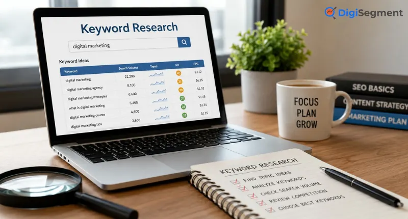 Keyword Research for Beginners guide showing SEO keyword planning, search analysis, and free tools by HV Digital Marketing