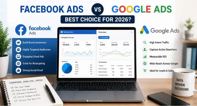 Facebook Ads vs Google Ads comparison showing PPC strategies, ROI insights, and ad performance by Digi Segment (2026)