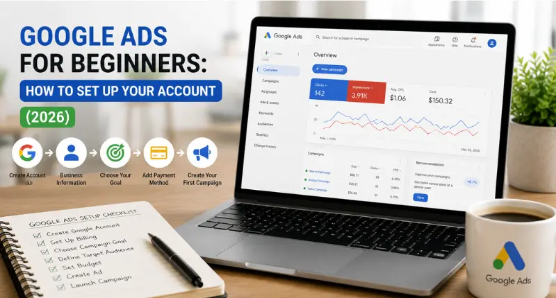 Google Ads for beginners guide showing account setup, campaign creation, and PPC dashboard by Digi Segment (2026)