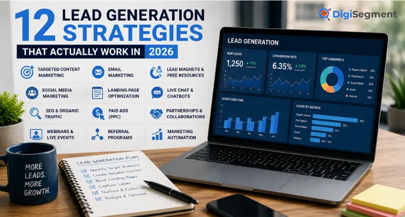 Lead generation strategies featuring SEO, PPC, email marketing, and content marketing by Digi Segment (2026)