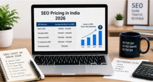 SEO Cost in India 2026 showing monthly pricing for basic, standard, advanced, e-commerce, and enterprise SEO services