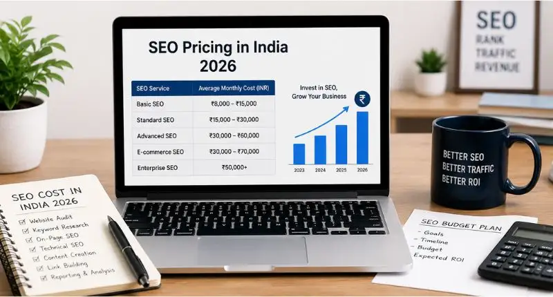 SEO Cost in India 2026 showing monthly pricing for basic, standard, advanced, e-commerce, and enterprise SEO services