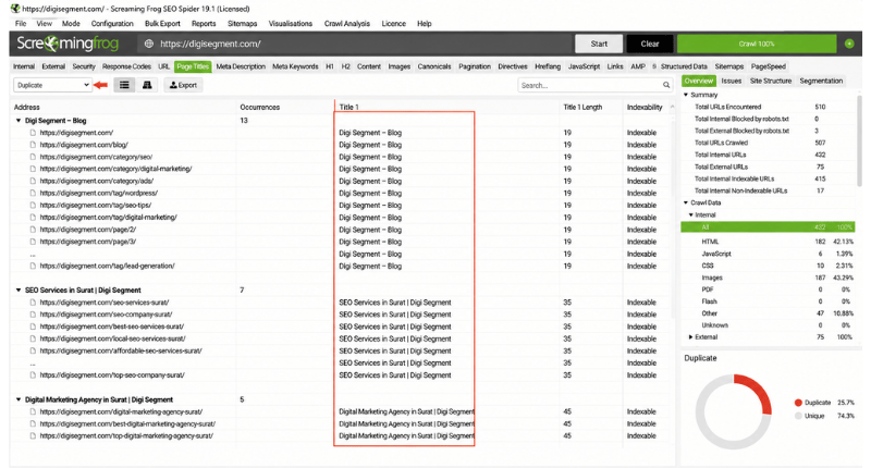 Screaming Frog report flagging duplicate title tags on a WordPress site