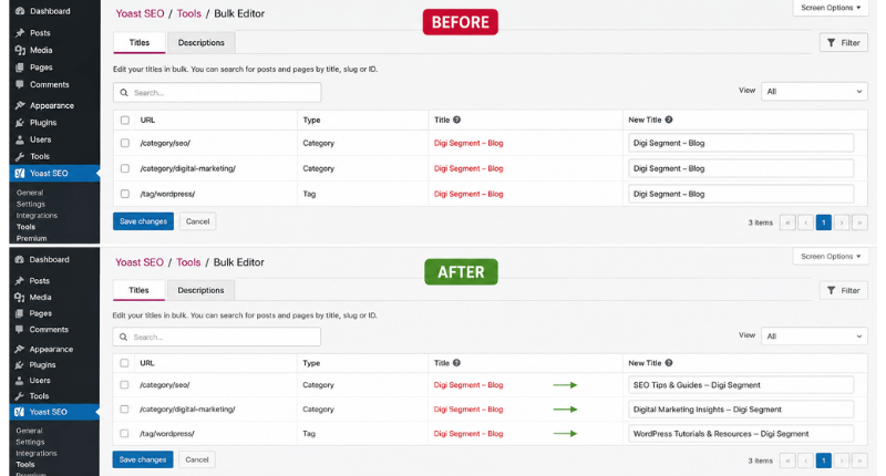 Yoast bulk edit titles screen showing corrected WordPress title tags