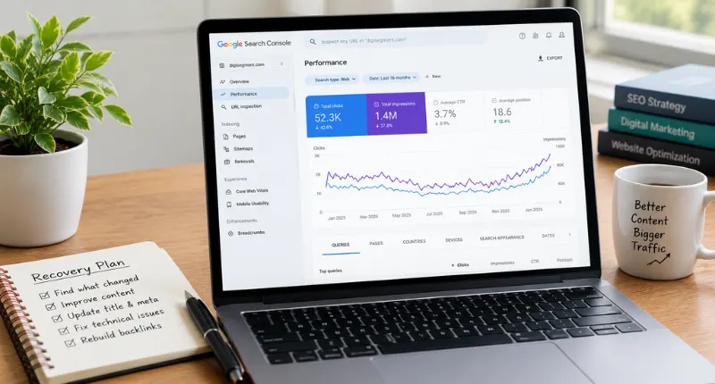 Recover traffic after core update with Google Search Console analysis, content fixes, and SEO recovery strategies by Digi Segment