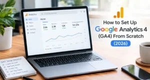 Laptop showing Google Analytics 4 dashboard with setup checklist for learning how to set up GA4 from scratch in 2026