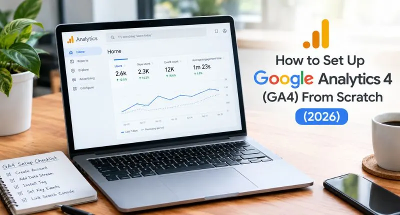 Laptop showing Google Analytics 4 dashboard with setup checklist for learning how to set up GA4 from scratch in 2026